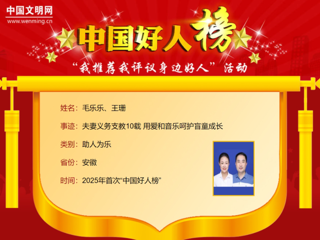 【校友动态】世界杯官网2005届音乐教育专业校友毛乐乐、王珊荣登2025年首次“中国好人榜”